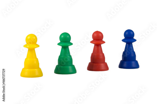 Plastic board game pieces, figures, pawns, puppets isolated on white background.