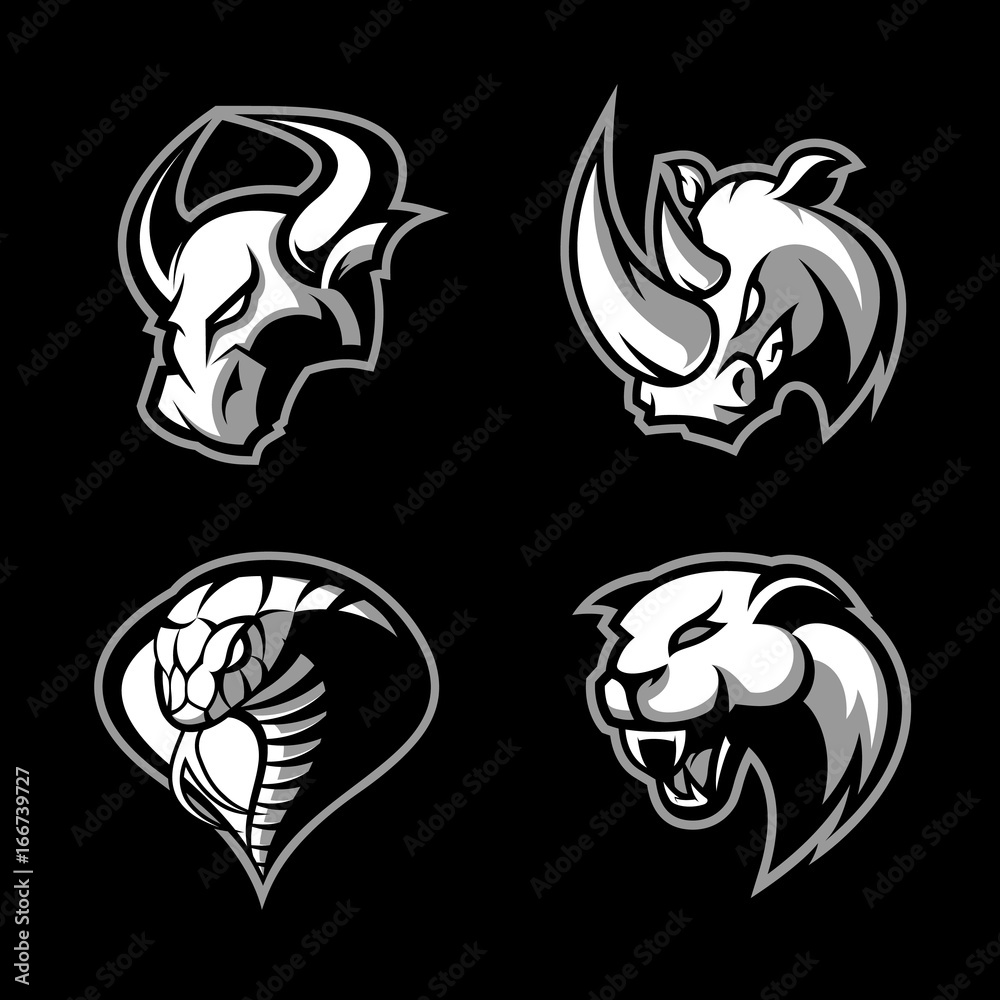 Furious rhino, bull, cobra and panther sport vector logo concept set isolated on black background. 
Mascot team badge design. Premium quality wild animal and snake t-shirt tee print illustration.