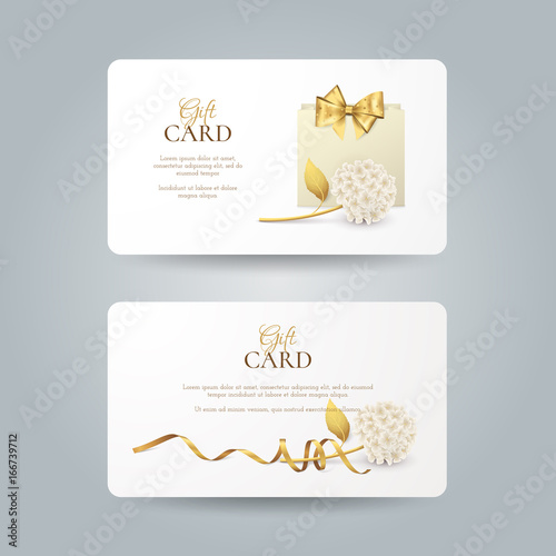 Vector set of elegant gift cards with hydrangea, paper shopping bag, golden bow and ribbon. Luxury template for gift vouchers, coupons and certificates with flowers. Isolated from the background.
