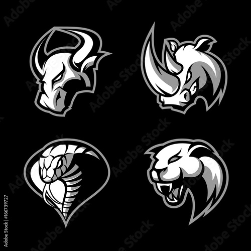 Furious rhino, bull, cobra and panther sport vector logo concept set isolated on black background. 
Mascot team badge design. Premium quality wild animal and snake t-shirt tee print illustration.