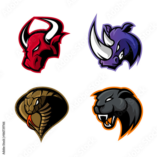 Furious rhino, bull, cobra and panther sport vector logo concept set isolated on white background. 
Mascot team badge design. Premium quality wild animal and snake t-shirt tee print illustration.