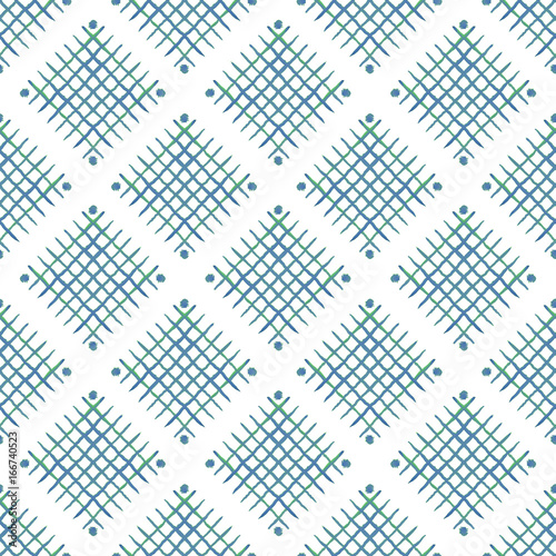 Hand painted seamless watercolor pattern with abstract cells. Abstract watercolor strokes in blue and green. Seamless pattern with watercolor intersecting diagonal lines and cells.