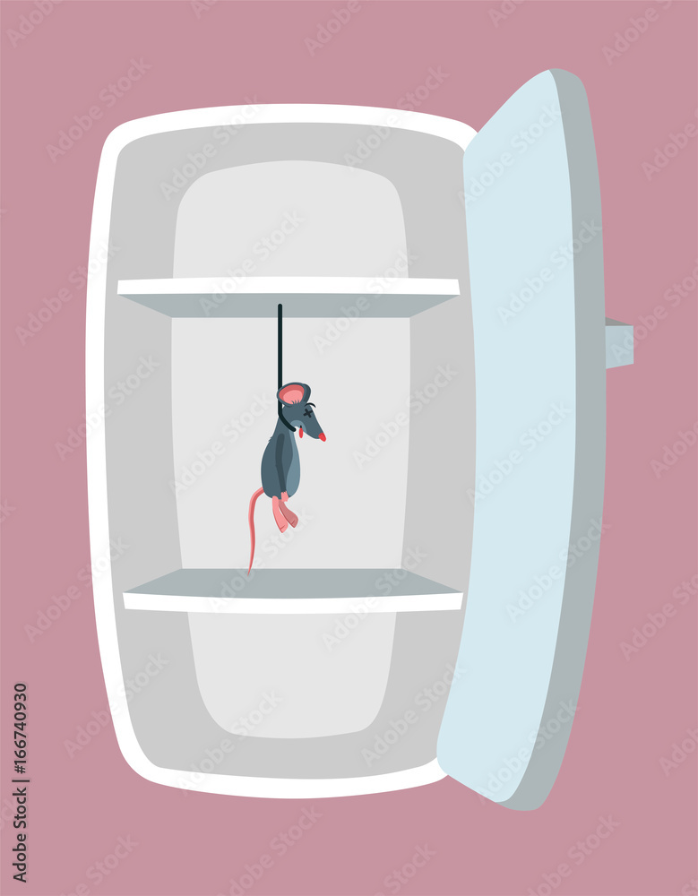 Empty fridge. Kitchen refrigerator with hanged mouse. Absolutely no