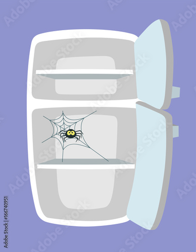 Empty fridge. Kitchen refrigerator with spider and web. Absolutely no food. Nothing to eat concept. Cartoon style. Vector illustration.