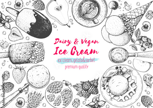 Ice cream top view frame. Vector sketch for vintage menu design. Hand drawn food elements with ice cream, berries and fruits.