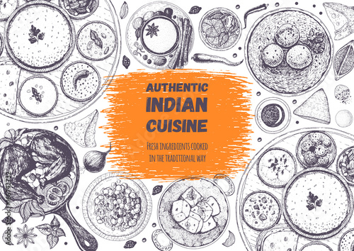 Indian cuisine top view frame. Indian food menu design. Vintage hand drawn sketch vector illustration