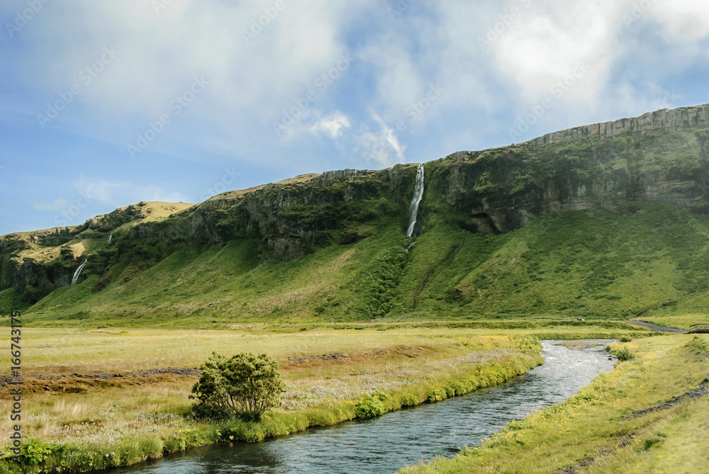 Cascade and River. Beautiful Landscape at Seljalandsfoss, Iceland 