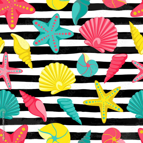 Seashell seamless pattern on black and white watercolor stripes. design for holiday greeting card and invitation of seasonal summer holidays,