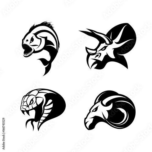 Furious piranha, ram, snake and dinosaur head sport vector logo concept set isolated on white background. 
Modern team mascot badge design. Premium quality wild animal t-shirt tee print illustration.