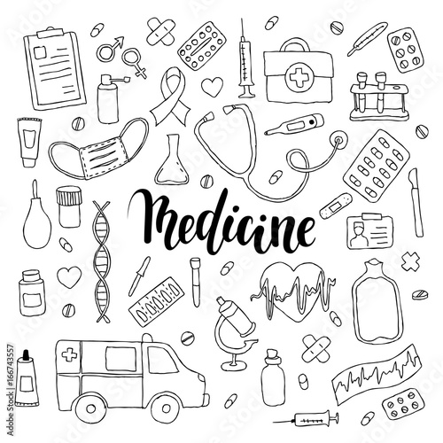 big set of hand drawn doodle medicine with lettering. Hand drawn calligraphy and brush pen lettering phrase medicine
