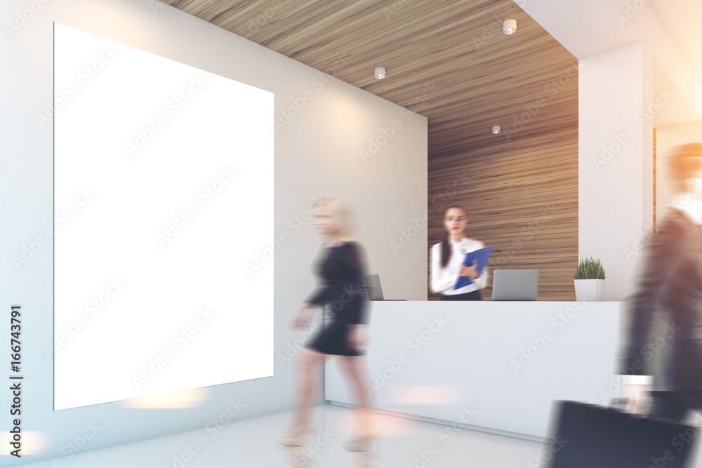 Fototapeta premium Gray and wooden office, reception, people