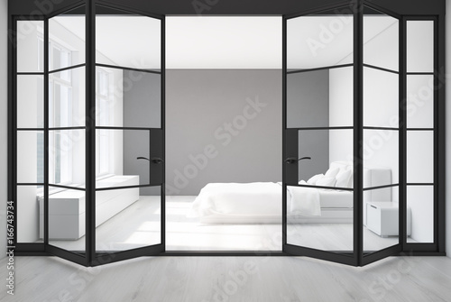 White bedroom  gray wall  doors