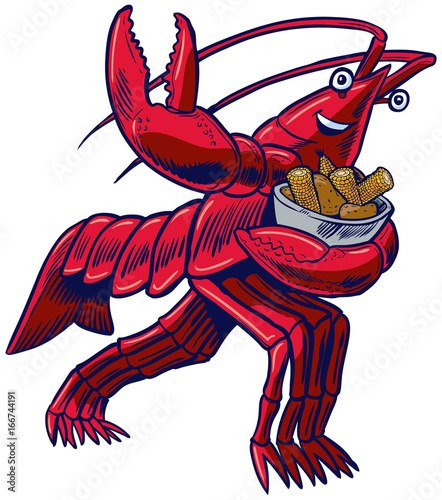 Cartoon Crayfish in Heisman Pose with Corn and Potatoes