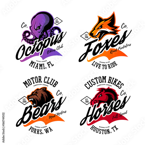 Vintage American furious octopus, fox, bear, horse bikers club tee print vector design set. 
Street wear mascot t-shirt emblem. Premium quality wild animal superior logo concept illustration.