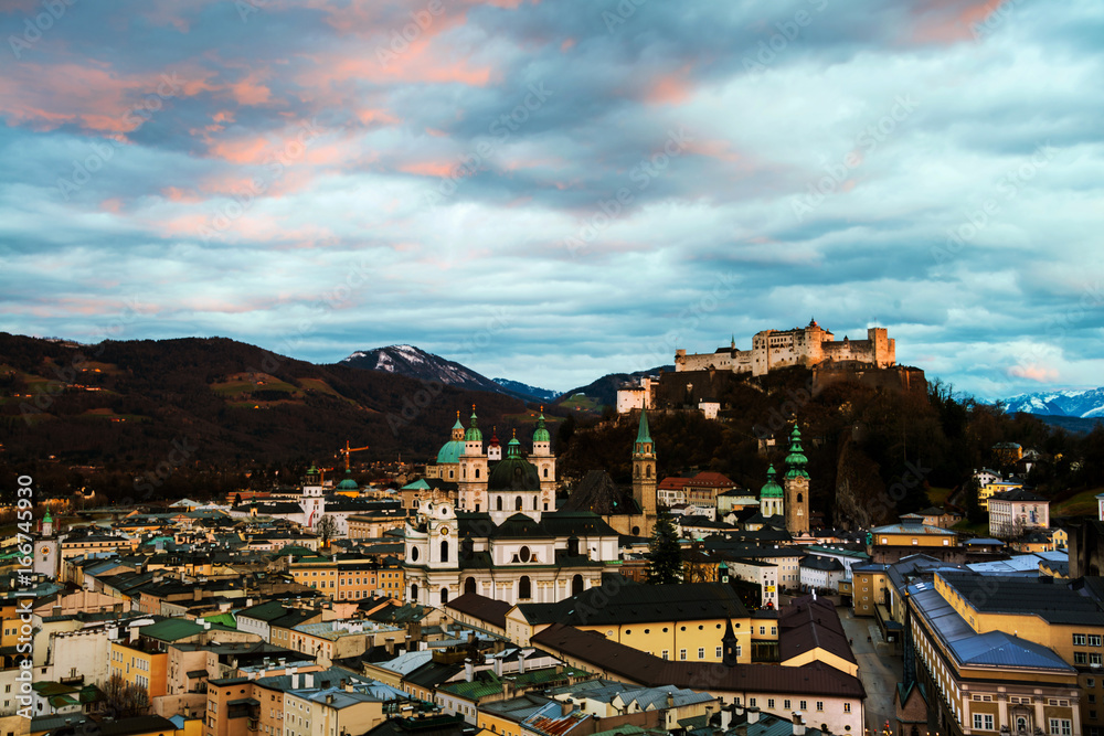 Aerial view of popular destination city in Austria - Salzburg at sunset