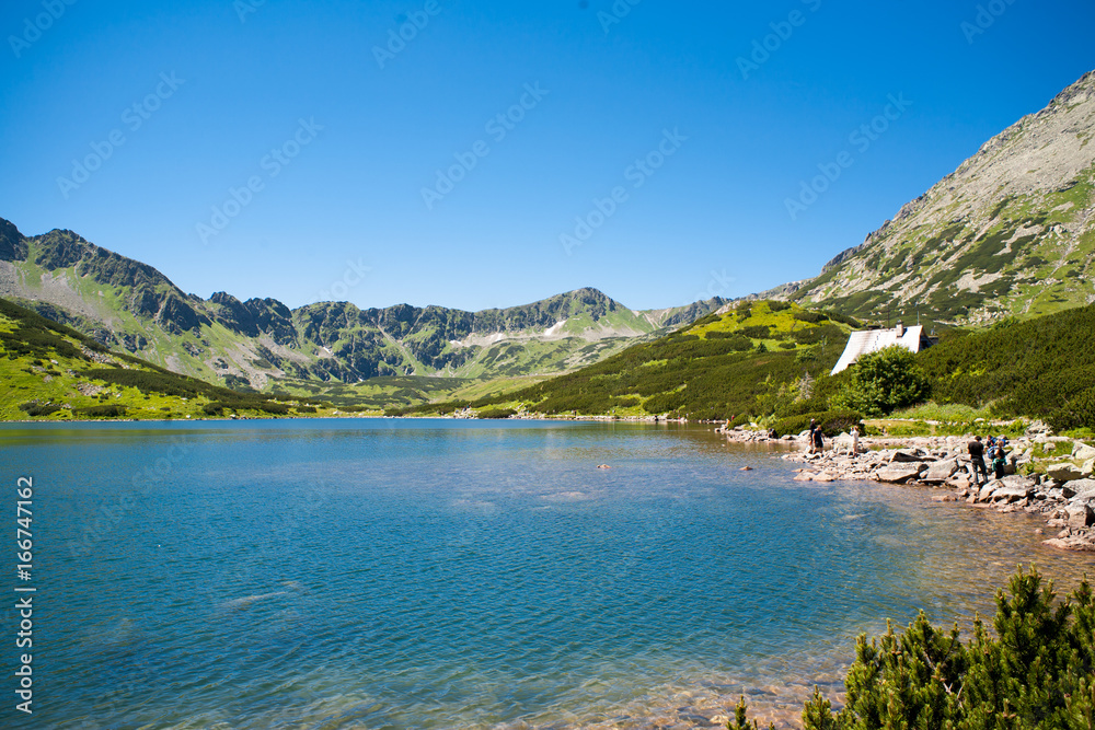 Valley of five Ponds. Mountains mountain lake tatry and mountain shelter.