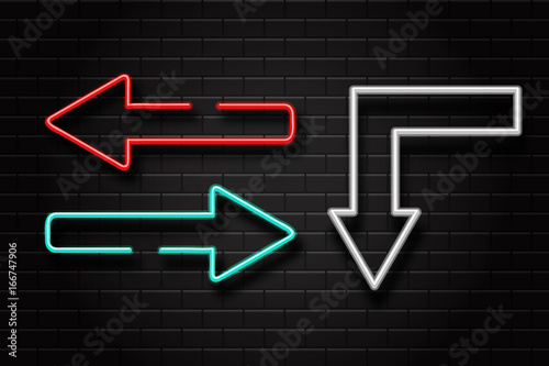 Vector realistic isolated neon retro arrows for covering on the wall background. Sign template for vintage decoration and signboard.