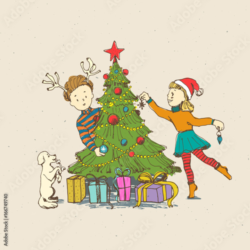 Little kids boy and girl decorate a Christmas tree with funny puppy. Presents under tree, Vintage cartoon line art style. Hand drawn illustration.