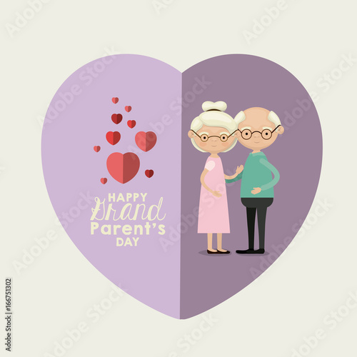 light blue color background of heart shape lilac greeting card with caricature full body elderly couple embraced happy grandparents day