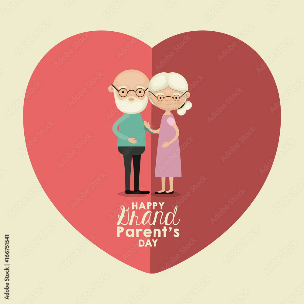 color background of heart shape pink greeting card with caricature full body elderly couple embraced happy grandparents day text inside color background of heart shape pink greeting card with caricature full body elderly couple embraced happy grandparents day text inside