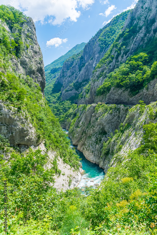 The purest waters of the turquoise color of the river Moraca flowing among the canyons. Montenegro.