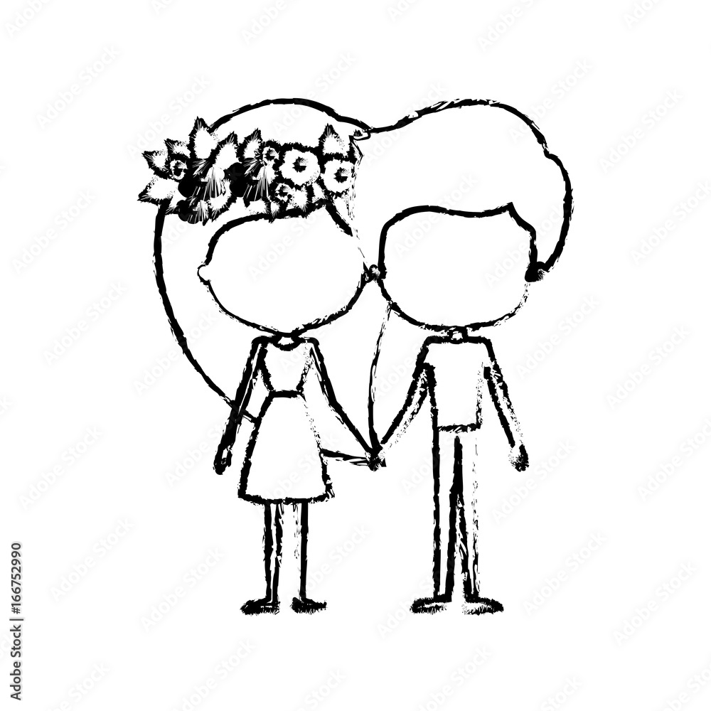 Obraz premium blurred silhouette of caricature faceless thin couple of man and woman side long hairstyle in dress holding hands