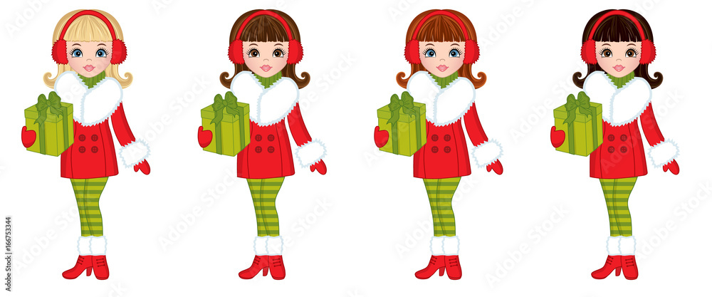 Vector Beautiful Young Girls with Sledges and Christmas Gifts