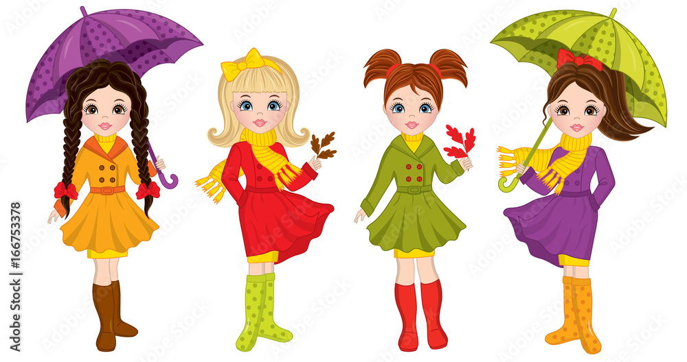 Vector Beautiful Autumn Girls with Umbrellas and Leaves Vector Beautiful Autumn Girls with Umbrellas and Leaves