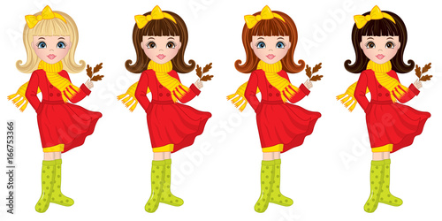 Vector Beautiful Autumn Girls with Oak Leaves