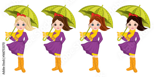 Vector Beautiful Autumn Girls with Umbrellas 