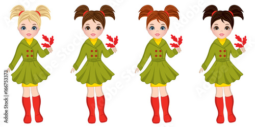 Vector Beautiful Autumn Girls with Oak Leaves