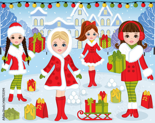 Vector Christmas and New Year Set with Beautiful Girls and Xmas Landscape