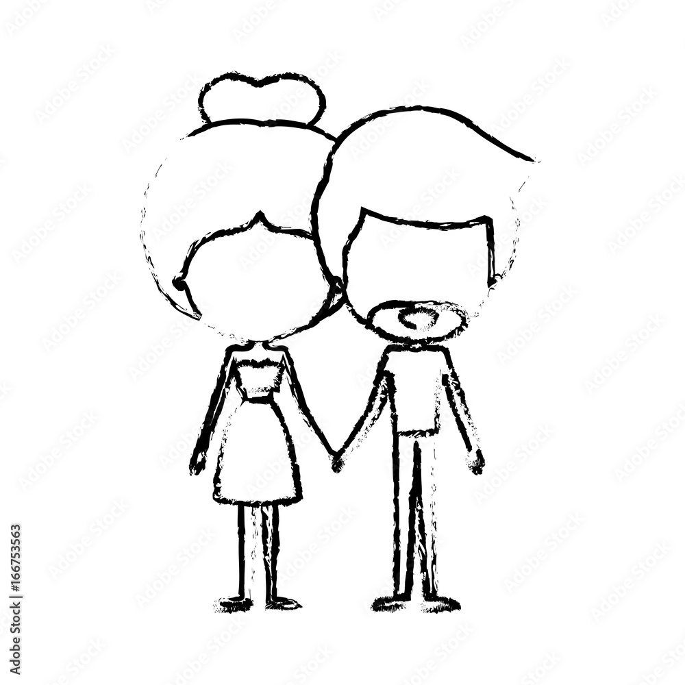 blurred silhouette of caricature faceless thin couple of bearded man and woman in dress holding hands