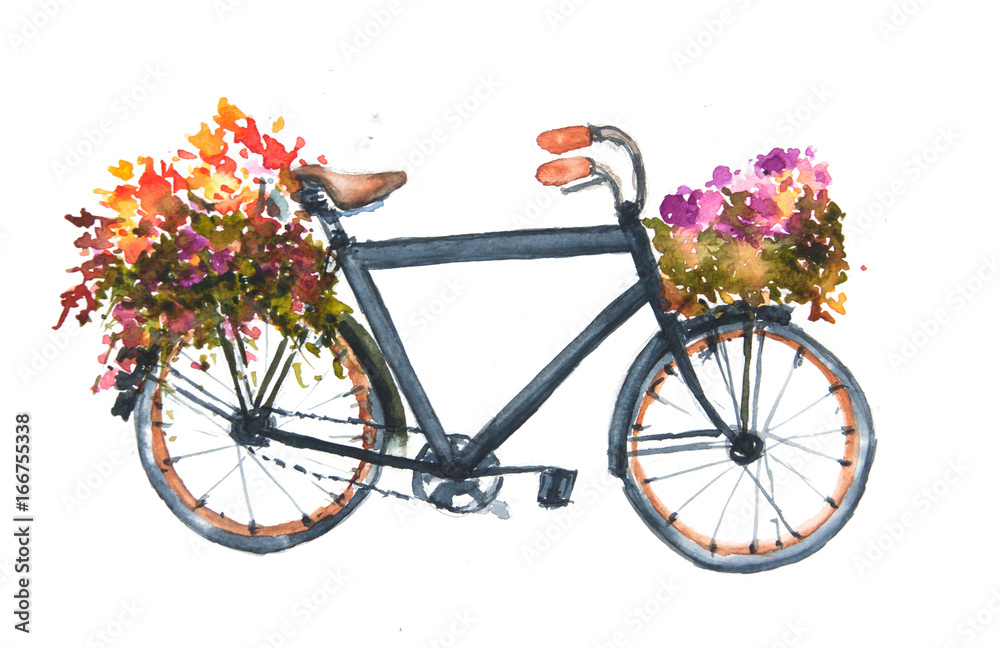 Black bicycle with colorful flower, bike art, watercolor painting, can be used for home decortae