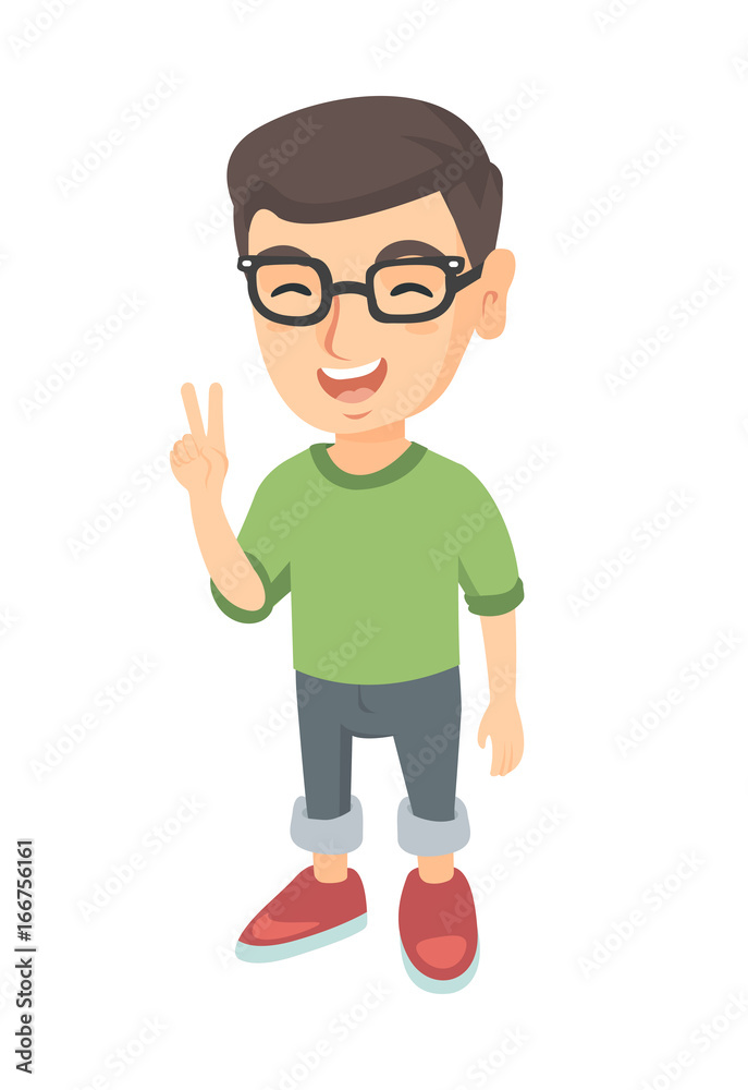 Caucasian boy in glasses showing victory gesture. Little boy showing victory sign with two fingers. Vector sketch cartoon illustration isolated on white background.