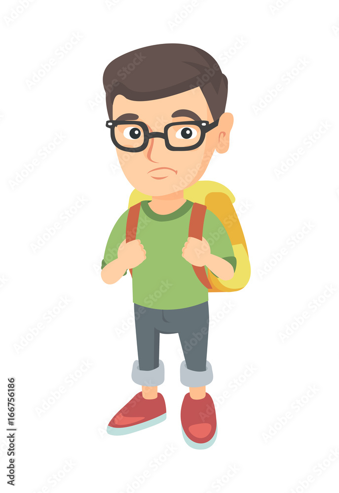 Little caucasian sad schoolboy in glasses carrying a backpack. Full length of upset schoolboy with backpack. Vector sketch cartoon illustration isolated on white background.