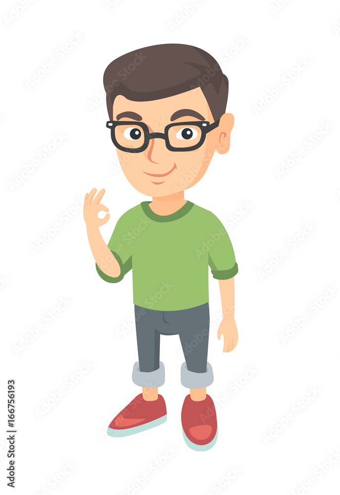 Caucasian little smiling boy in glasses showing an ok sign. Happy boy making an ok sign. Cheerful boy gesturing an ok sign. Vector sketch cartoon illustration isolated on white background.