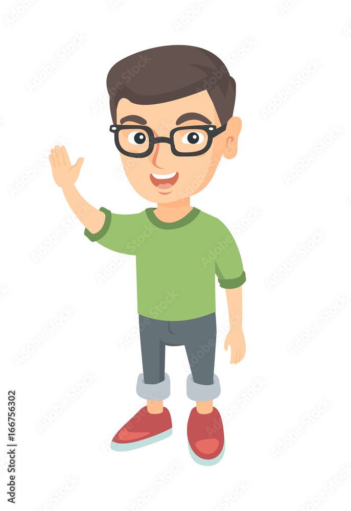Caucasian little boy waving his hand. Cheerful boy in glasses making greeting gesture - waving hand. Vector sketch cartoon illustration isolated on white background.