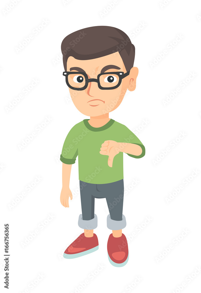 Disappointed caucasian boy with thumb down. Full length of angry boy showing his disagree by thumb down. Vector sketch cartoon illustration isolated on white background.