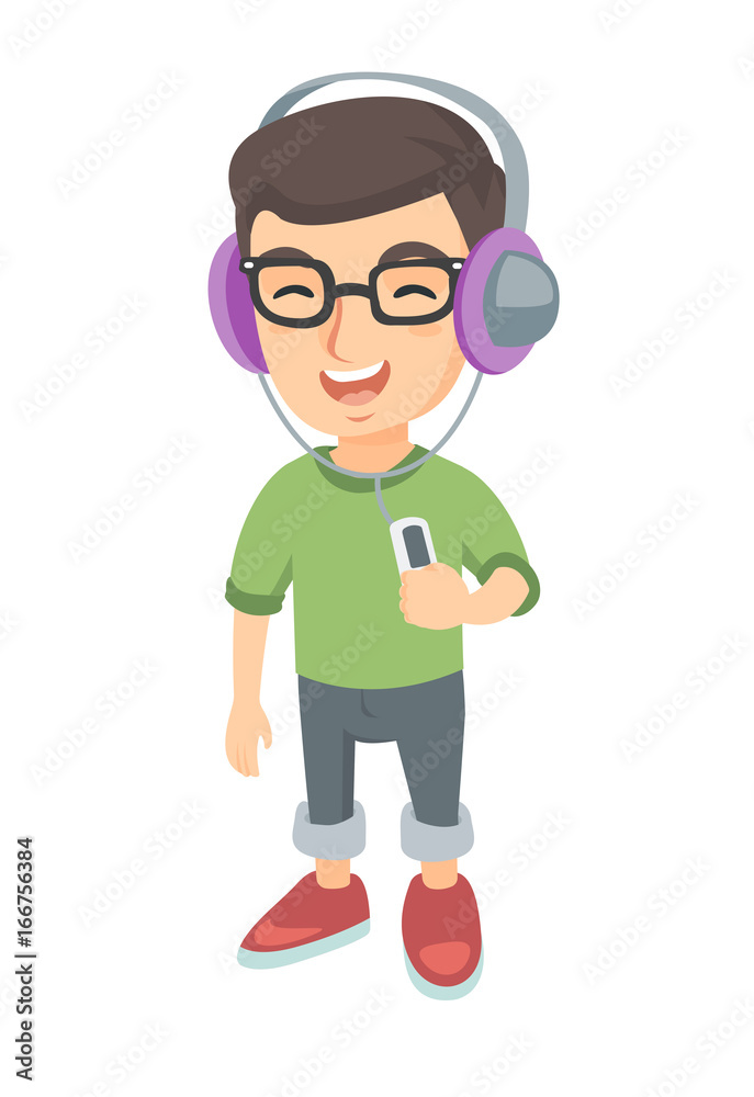 Caucasian boy enjoying music in headphones. Little boy in earphones listening to music with a music player. Vector sketch cartoon illustration isolated on white background.