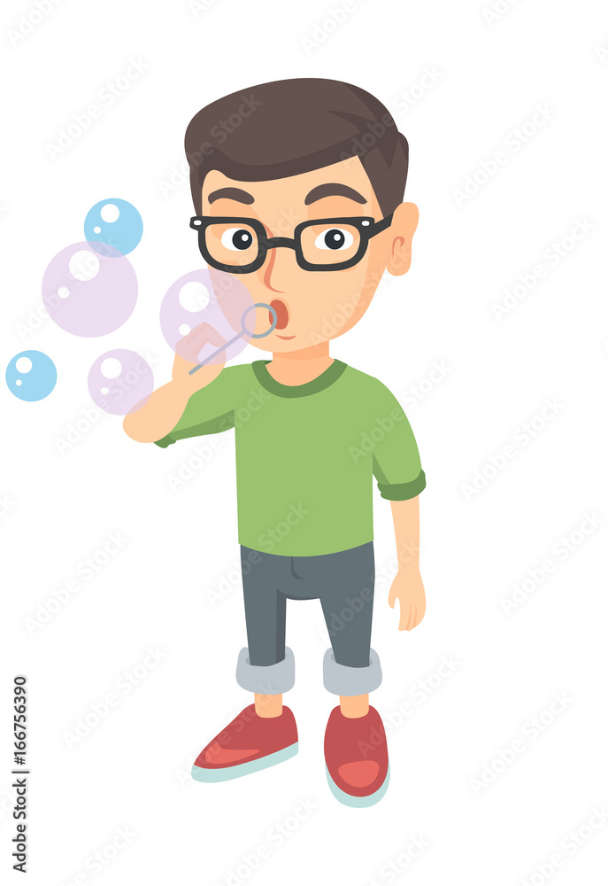 Little caucasian boy blowing soap bubbles. Boy in glasses making soap bubbles. Boy playing with soap bubbles. Vector sketch cartoon illustration isolated on white background.
