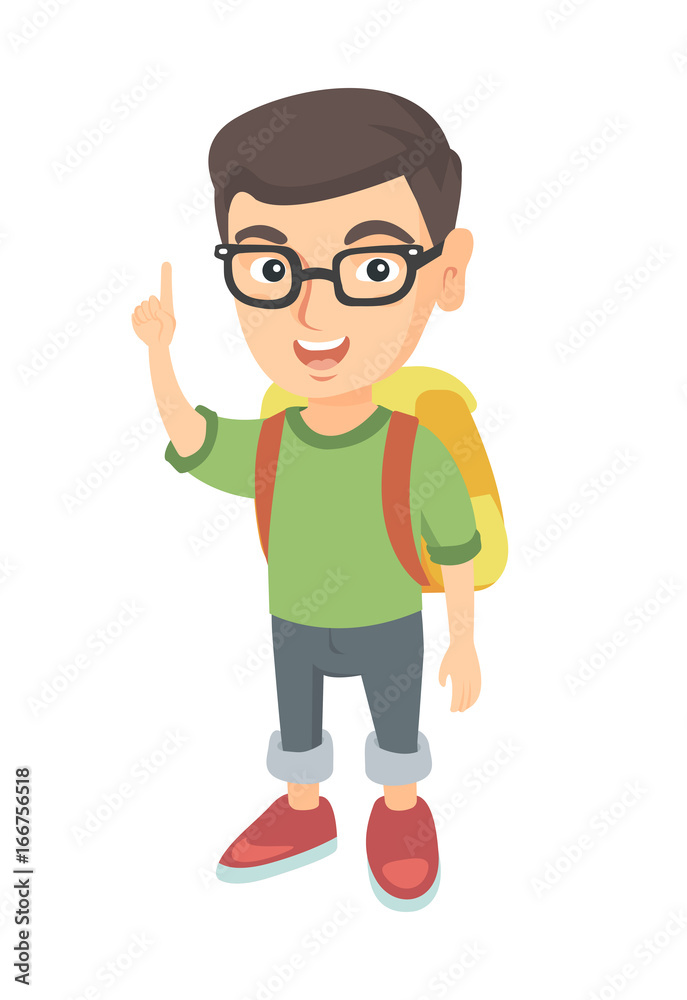 Cheerful caucasian boy pointing his forefinger up. Full length of happy smiling boy in glasses pointing forefinger up. Vector sketch cartoon illustration isolated on white background.