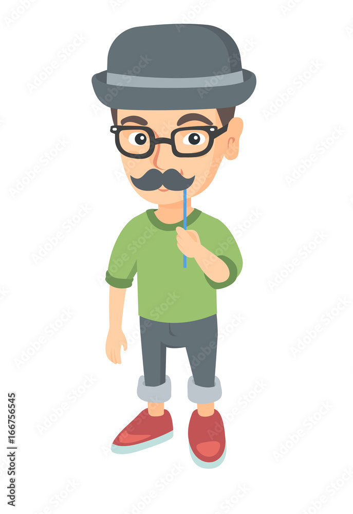 Little caucasian boy wearing hat bowler and holding fake moustache on a stick in front of his face. Boy in glasses with fake mustache. Vector sketch cartoon illustration isolated on white background. Little caucasian boy wearing hat bowler and holding fake moustache on a stick in front of his face. Boy in glasses with fake mustache. Vector sketch cartoon illustration isolated on white background.