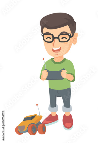 Caucasian cheerful boy in glasses playing with a radio-controlled car. Boy holding remote control and playing with the electric car. Vector sketch cartoon illustration isolated on white background.