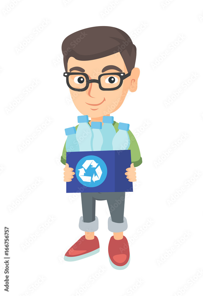 Caucasian boy holding recycling bin full of plastic bottles. Boy carrying recycling bin with plastic bottles. Plastic recycling concept. Vector sketch cartoon illustration isolated on white background