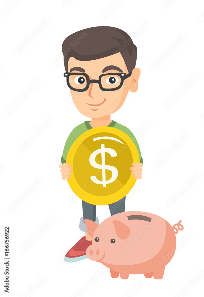 Caucasian boy saving coins in a piggy bank. Little boy inserting a coin into a piggy bank. Boy putting a coin in a piggy bank. Vector sketch cartoon illustration isolated on white background. Caucasian boy saving coins in a piggy bank. Little boy inserting a coin into a piggy bank. Boy putting a coin in a piggy bank. Vector sketch cartoon illustration isolated on white background.