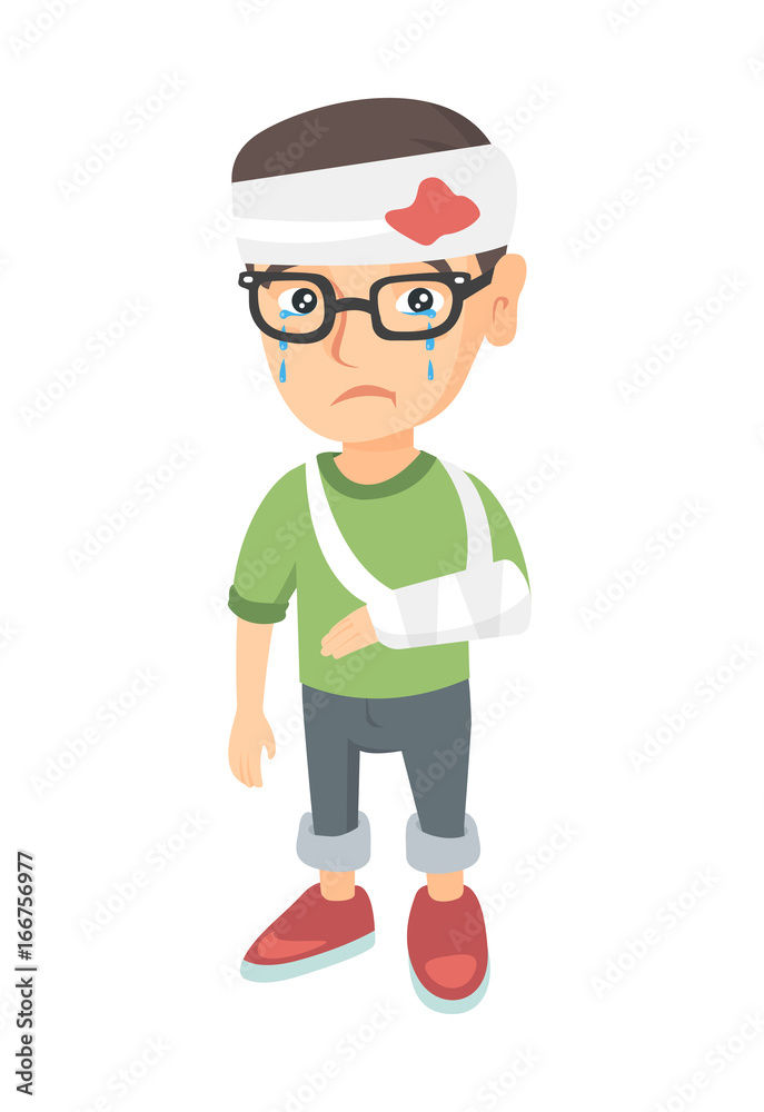 Caucasian injured boy with broken arm and bandaged head. Crying little boy having head and arm injury. Vector sketch cartoon illustration isolated on white background.
