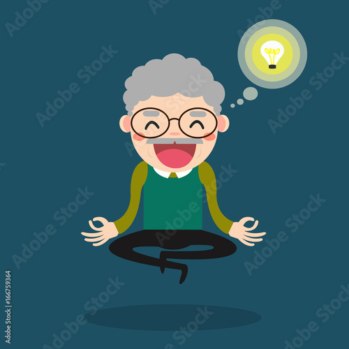 Meditating senior. Cute cartoon old people sitting in meditation and getting ideas. Healthy lifestyle and mindfulness illustration.