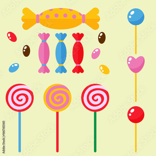 Sweets and candies sugar dessert caramel lollipop food icons set striped stick spiral holiday bonbon vector illustration
