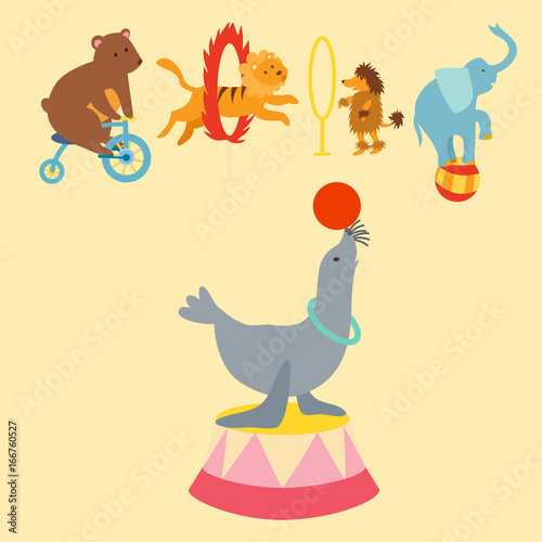 Circus funny animals set of vector icons cheerful zoo entertainment collection juggler pets magician performer carnival illustration.